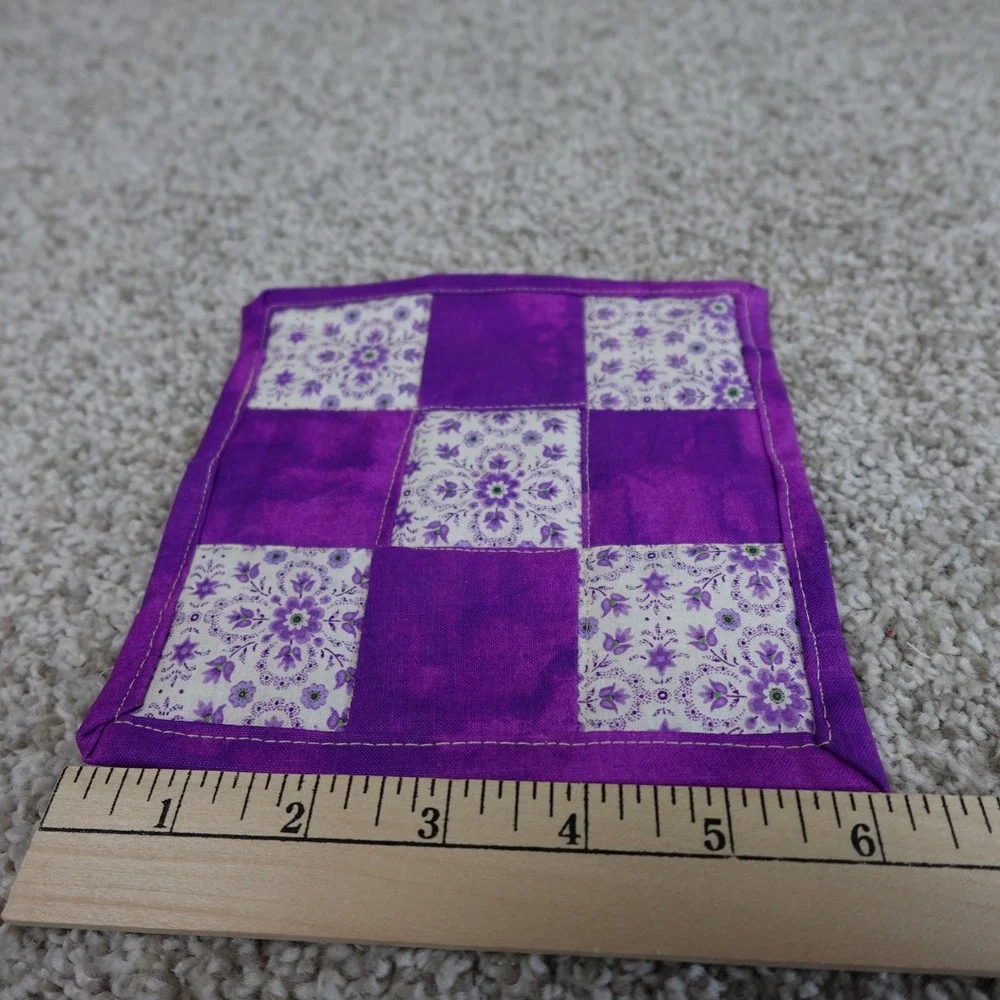 Handmade Quilted Purple Floral 9 Patch Mug Rug Cotton Coaster 6x6 Inch